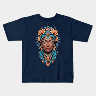 Black Woman Tribal retro vintage tattoo floral design Kids T-Shirt